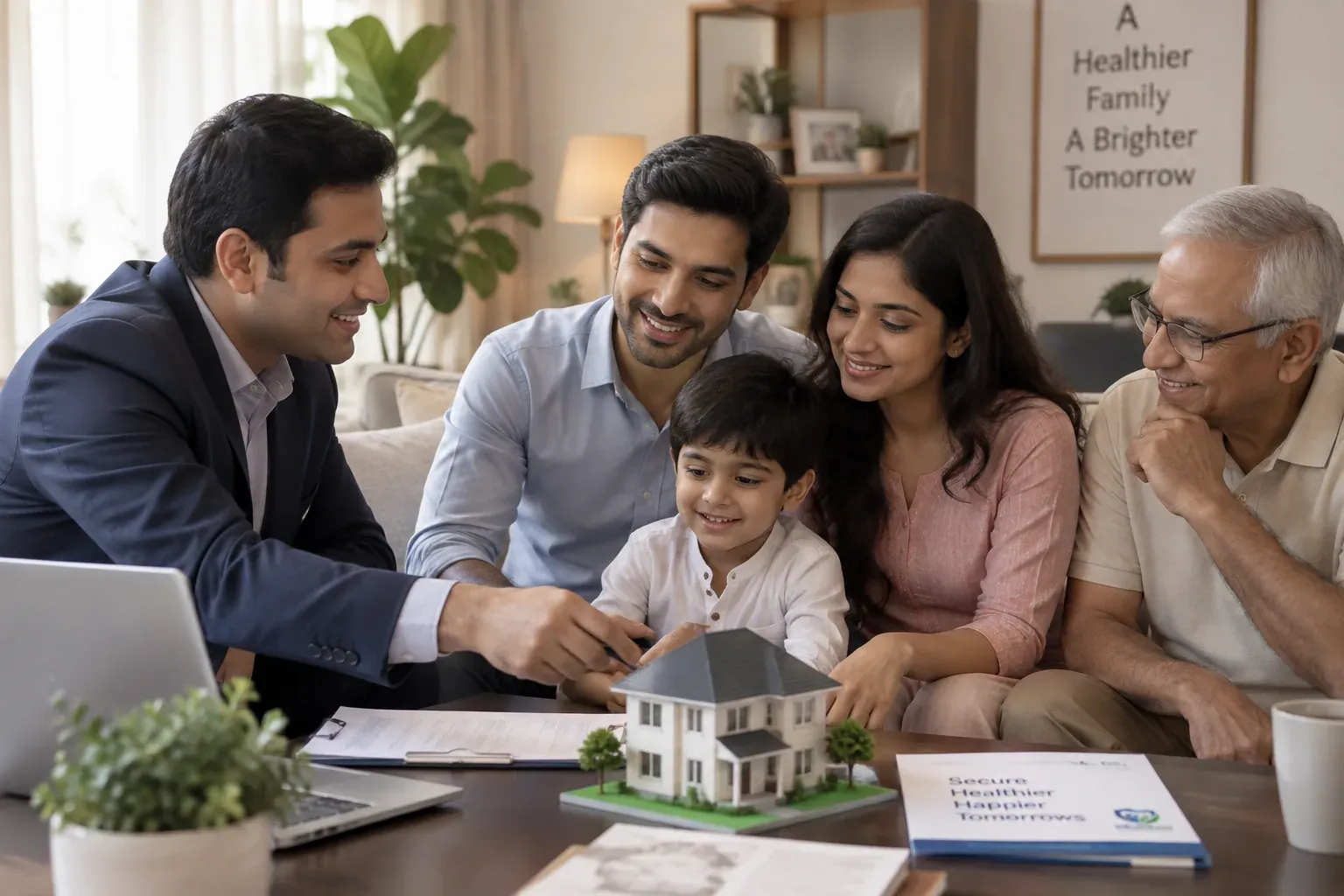 An insurance advisor explaining a health insurance plan to a family at home