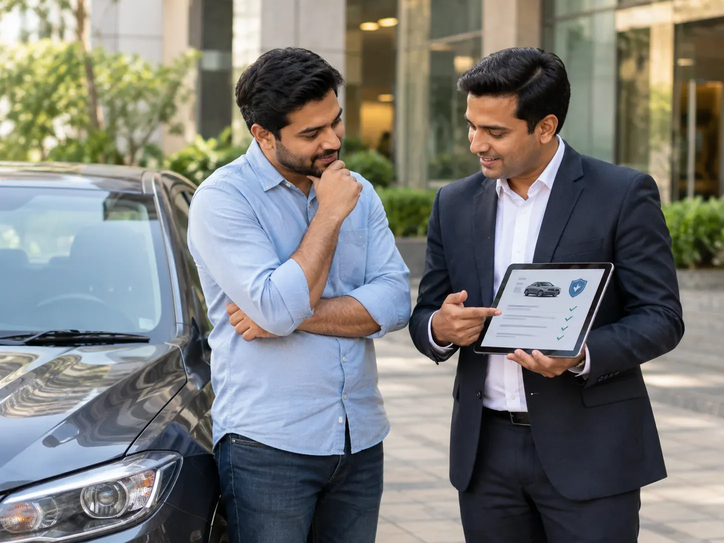 An advisor showing a customer a car insurance policy summary on a tablet beside his car