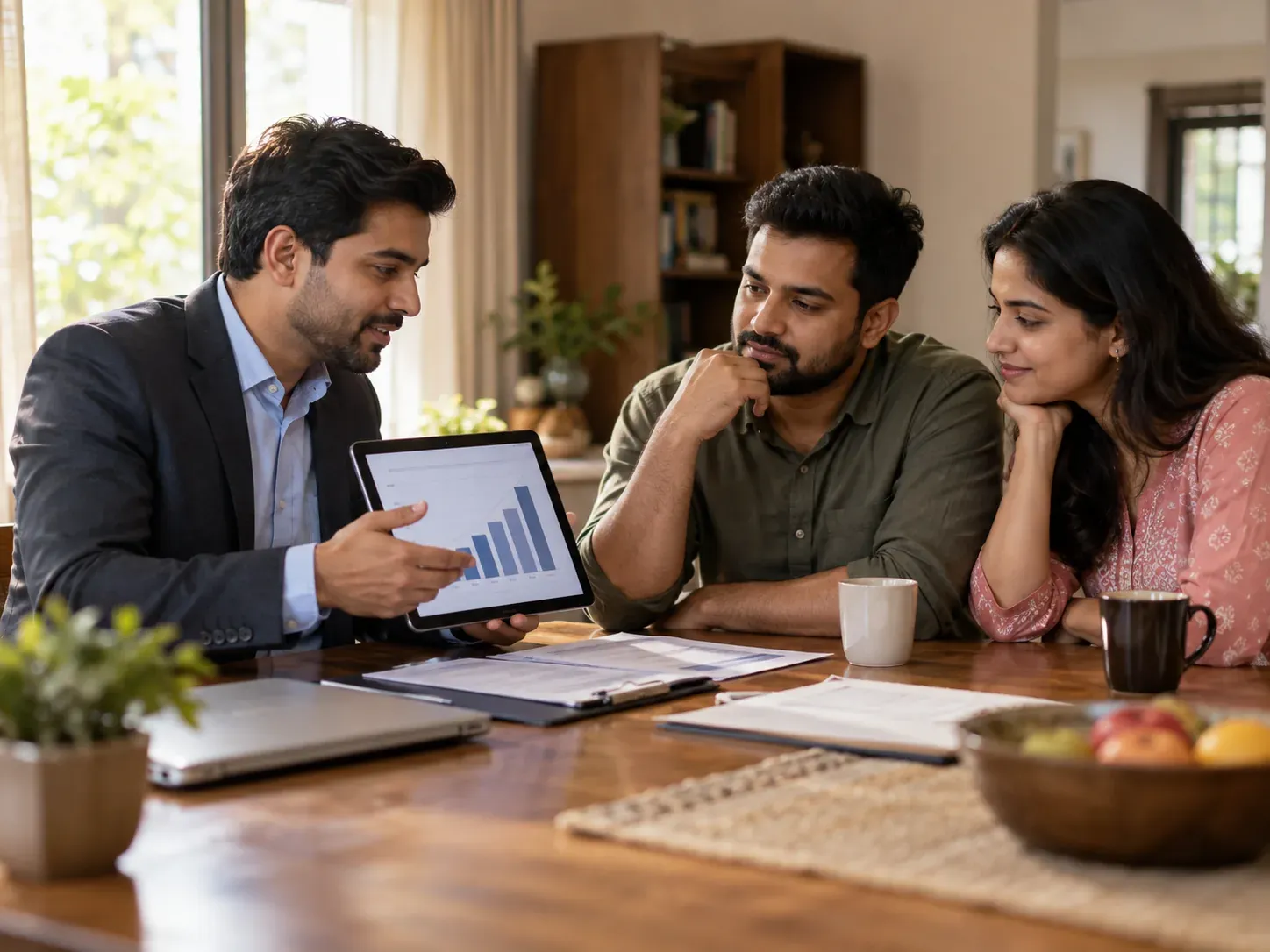 An advisor showing a couple a rising income-cover chart on a tablet while discussing life insurance at home