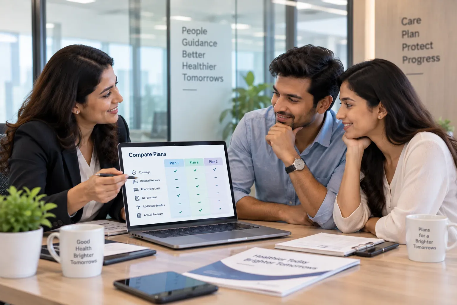 An advisor comparing health insurance plan options on a laptop with a couple