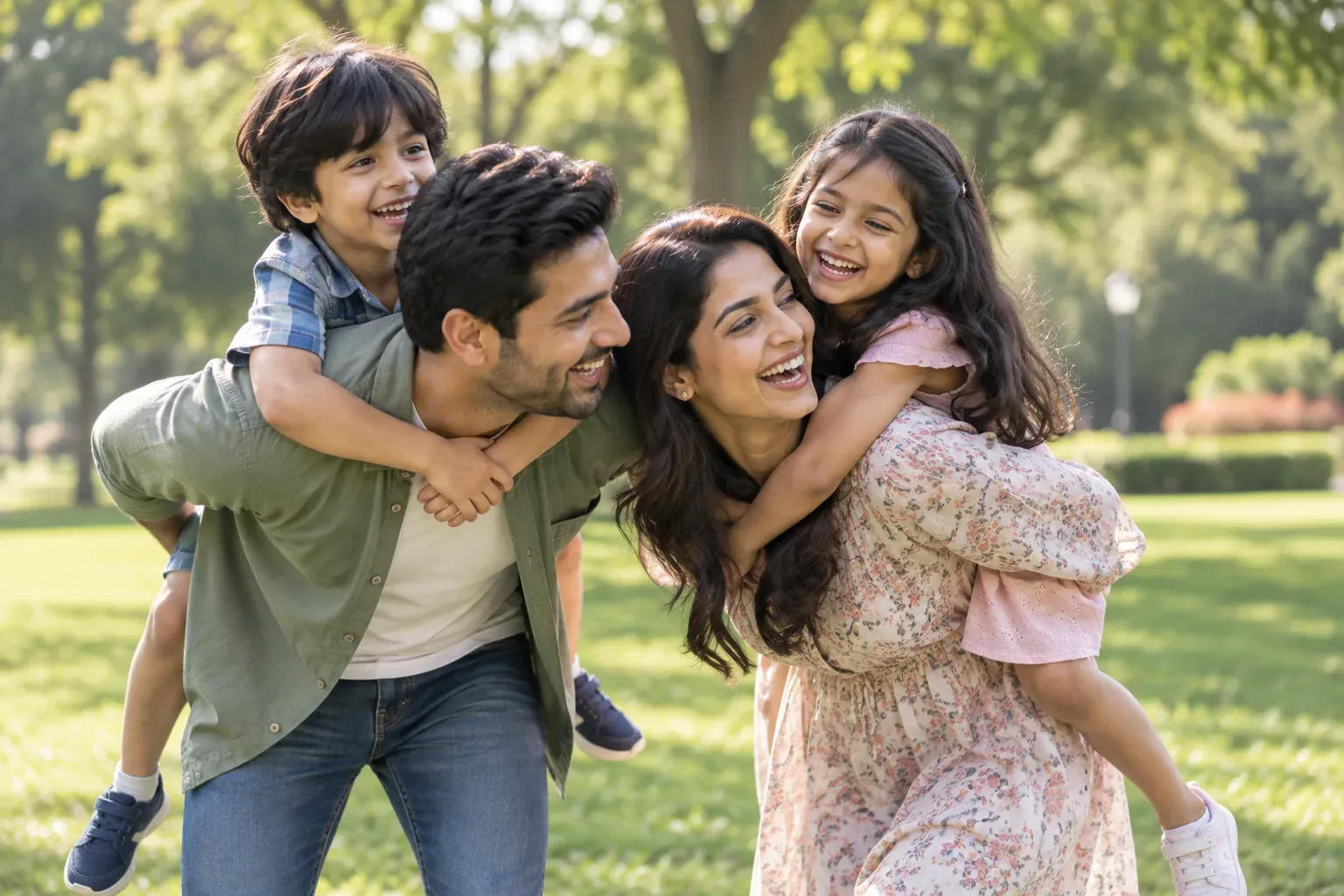 Parents piggybacking their two children while laughing together outdoors