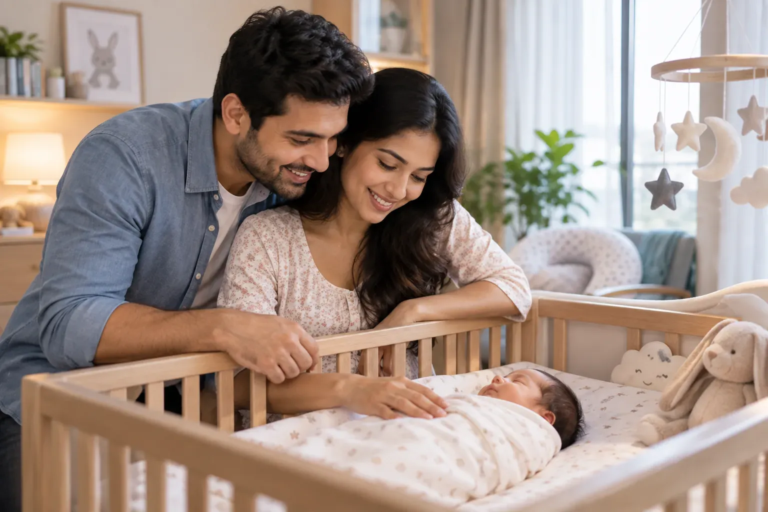 New parents smiling over their newborn baby resting in a crib
