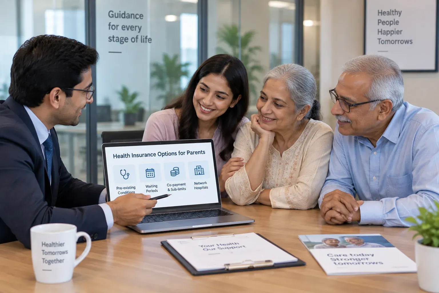 An advisor showing a daughter and her senior parents their health insurance options for parents on a laptop